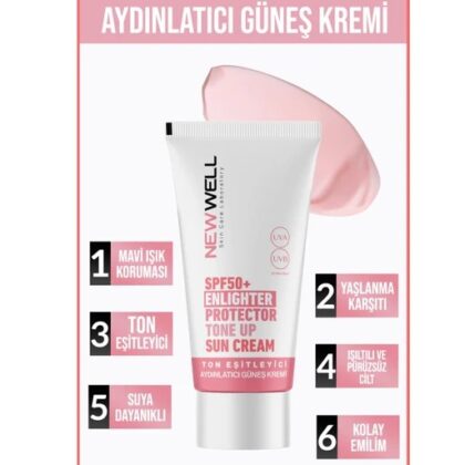 Newwell Ton Eşitleyici yüksek Koruma Etkili SPF50+ Aydınlatıcı Pembe Yüz Güneş Kremi 50 ml